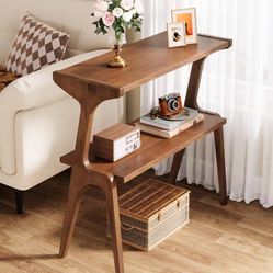 Solid Wood Side Table, 2-Tier Farmhouse Couch Side Table, Rustic Slim Tall Sofa End Table with Storage Shelf for Living Room, Skinny Bedside Table, Ni