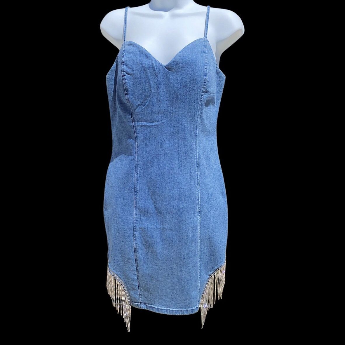 New Women’s Denim Dress, Rhinestone Fringe, M/L