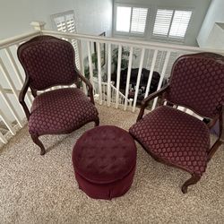 Burgundy Chairs With Ottoman 