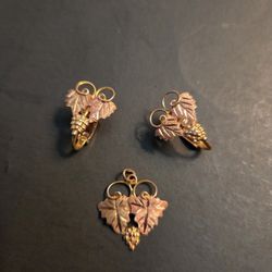 Landsrtrom's  Black Hills Gold Grapes Leaf Pendant and Earrings