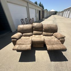 🛋️ 3-Seat Recliner Sofa w/ Dual Footrests – Brown Microfiber
