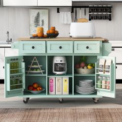 Kitchen Cart with Rubber wood Drop-Leaf Countertop ,Cabinet door internal storage racks,Kitchen Island on 5 Wheels with Storage Cabinet and 3 Drawers 