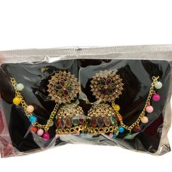 Gold Tone Jhumka Earrings with Multicolored Beads