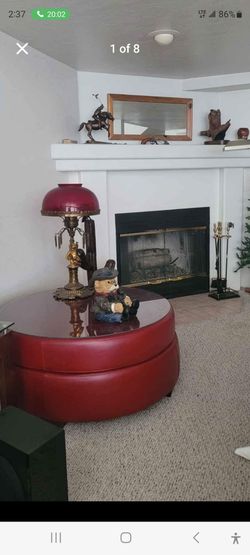 Large 40" round leather ottoman cocktail table with custom made glass top