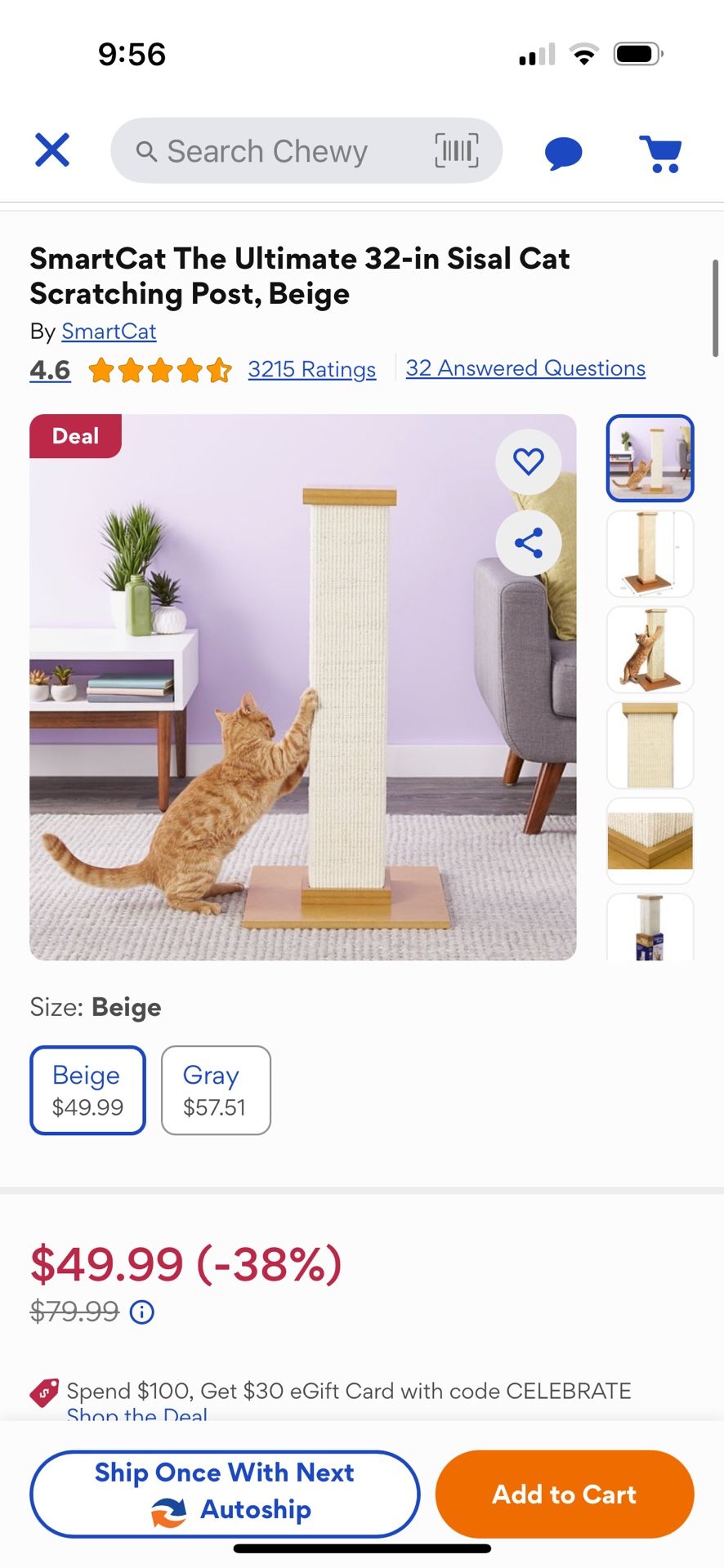 Brand New SmartCat Ultimate 32 Inch Scratching Post