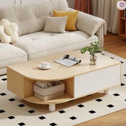 Wood Coffee Table with Storage & Fluted Sliding Doors for Living room, Unique Leaf-Shaped Design