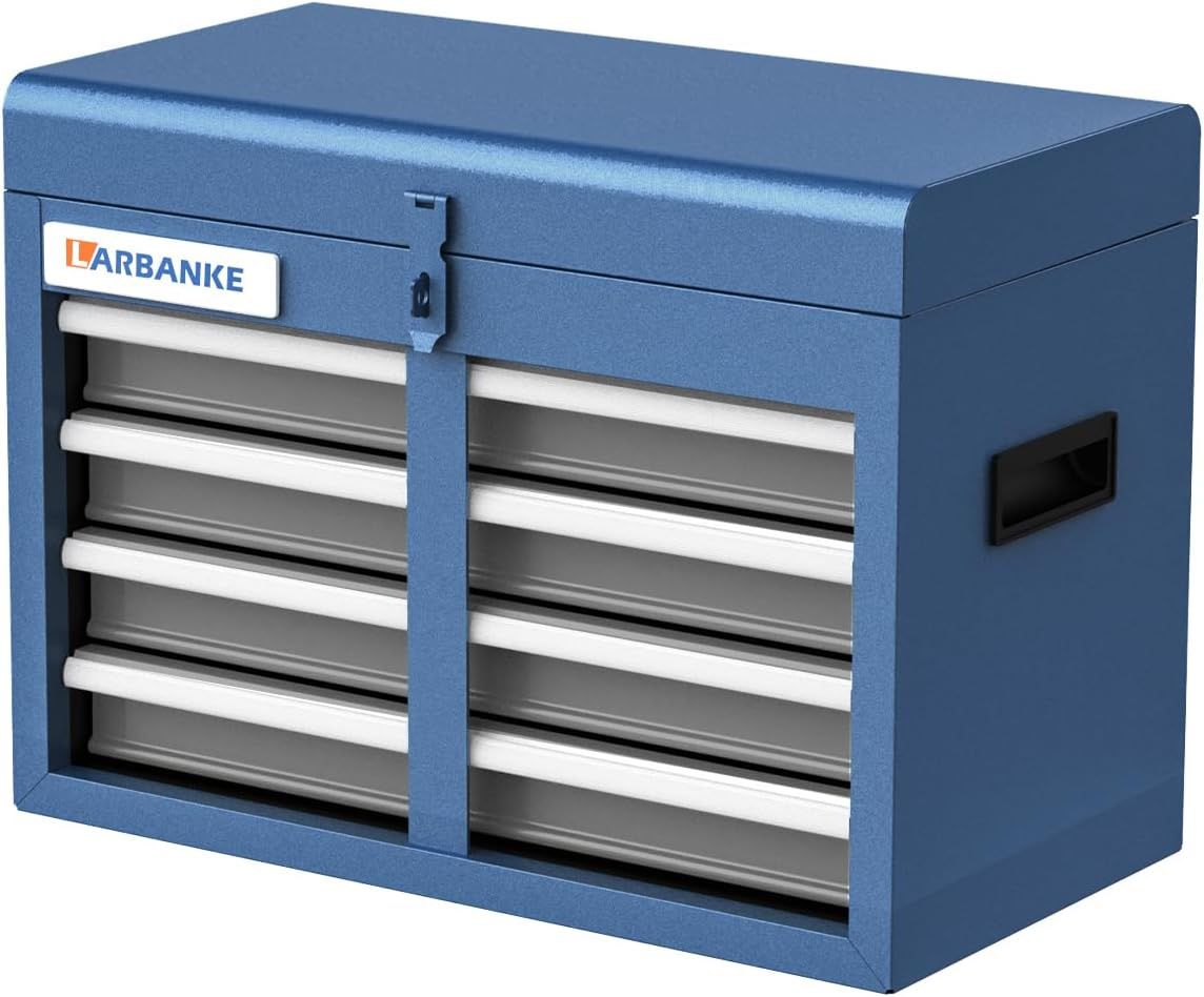 LARBANKE Portable 4-Drawer Tool Box with Top Storage Tray, Metal Tool Cases for Home, Garage or Workbench, Blue