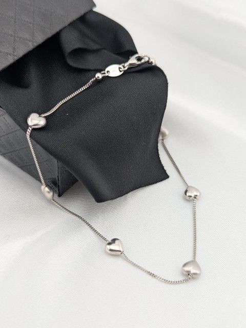 14K White Gold Puffed Heart Anklet Signed AURAFIN 9"