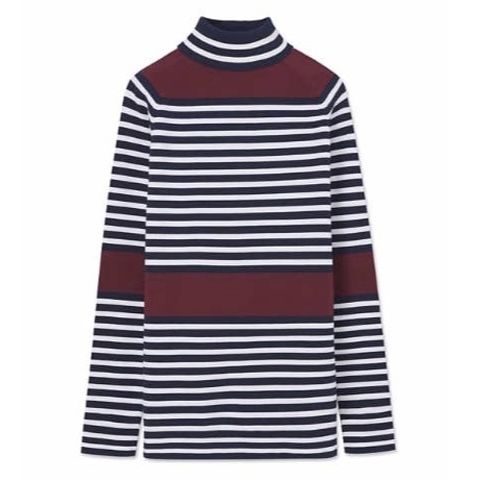 TORY BURCH SPORT Navy Blue White Red Tech Knit Stripe Turtleneck Long Sleeve Top
