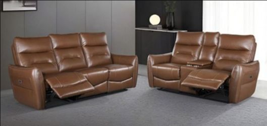 Brand New Brown Super Plush Leather Power Reclining Sofa & Loveseat