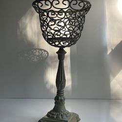 Goblet Style Pillar Candle Holder. Pastel Green with Cast Iron Stem & Base.