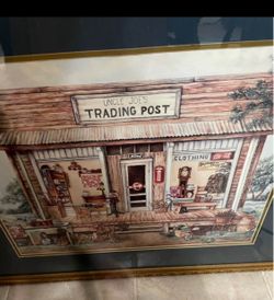 This is a framed art print titled "Uncle Joe's Trading Post" by artist Kay Lamb
