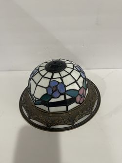 TIFFANY PURPLE PINK FLOWER STAINED GLASS TABLE FLOOR LAMP SHADE METAL RIM 11” D