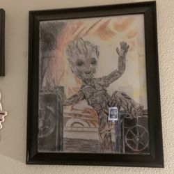 Groot Hand Drawn color pencil portrait framed 19" by 23"