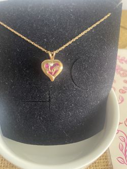 10K Yellow Gold Heart Mom Pendant Pink Topaz,