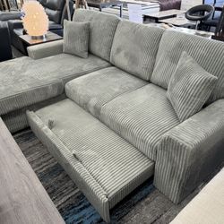 Light Gray Fabric LHF Pull Out Sectional Sofa & Storage