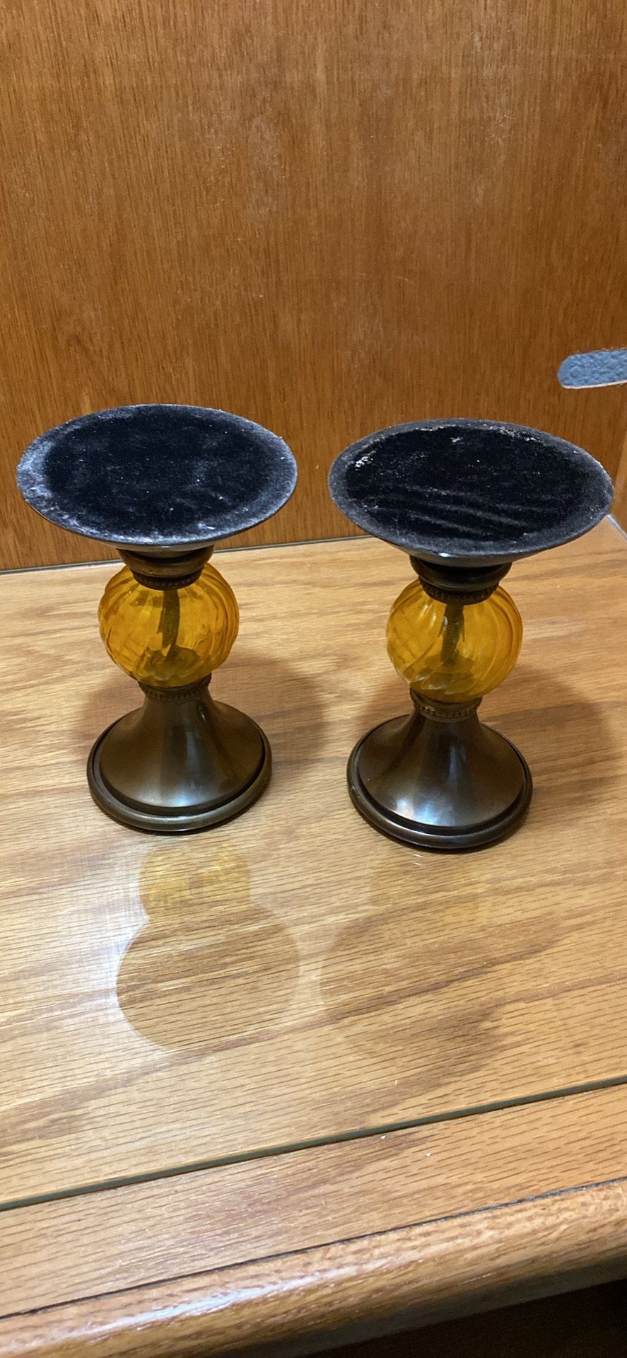 Vintage Glass & Metal Candle Holders 6”H