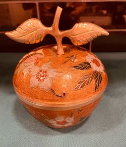 Striking vintage brass/cloisonné burnt orange color apple lidded bowl
