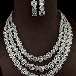 Beautiful Cubic Zirconia Multi Layered Necklace With Beautiful Earrings  Special Festive Discount 