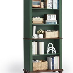 70" Tall green  Bookshelf,5 Tier Wood Book Shelf with Adjustable Shelves & Wood Legs,Free Standing Farmhouse Bookcase with Open Display Storage,Vintag