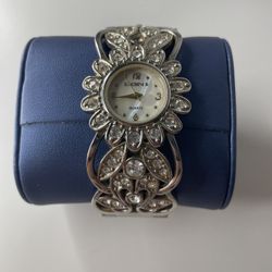 Elgin II Watch Women 31mm Silver Tone Floral Open Cuff Crystals No Battery