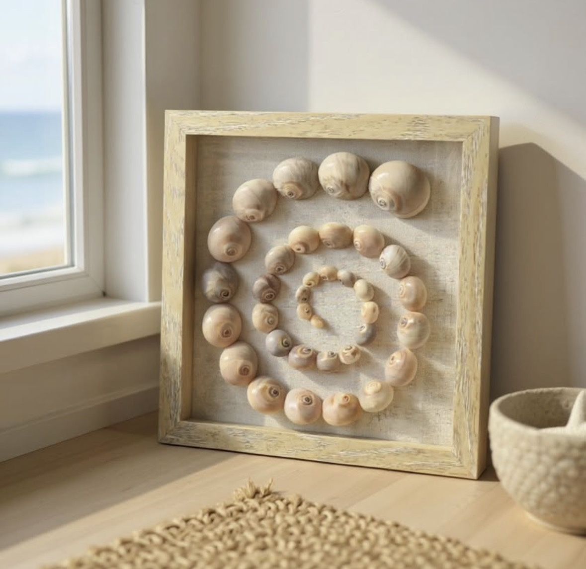 Original. Local Artist Seashell Spiral Shadow Box Art: Handmade Shark Eye & Sea Bean Shells Wall Art 9x9