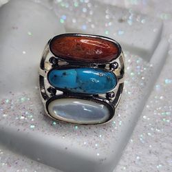 Gemstone:Carnelian, Turquoise, Moonstone 925 sterling silver ring size 6