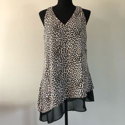 Womens Zac Rachel V Neck Asymmetrical Leopard Print Sleeveless Top Size S