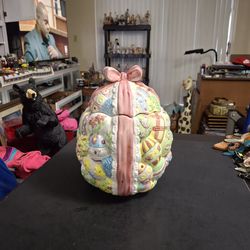 Ceramic Cookie Jar, Stacked Easter Eggs, Lidded Cookie Jar W/Pink Bow,Springtime Easter Pastel Colors 10"Hx8"W