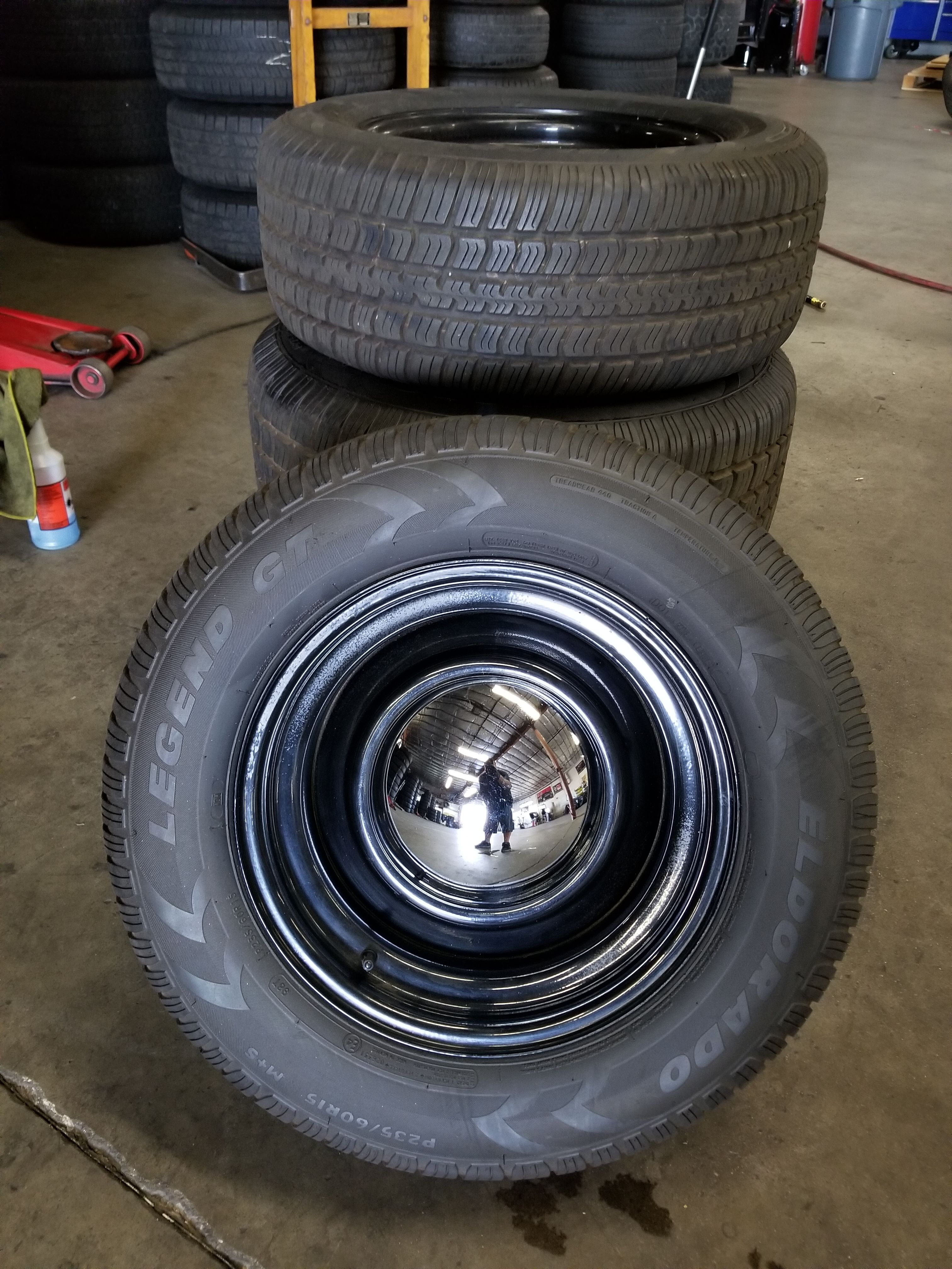 15" staggered black rally wheels and tires (5x5 older chevy, GMC pickup
