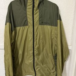 Columbia Green Olive Hooded Windbreaker Jacket XL Logo Zipper Casual Colorblock