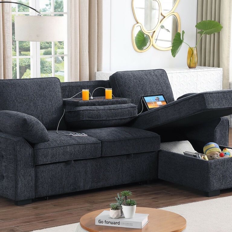 91” Sectional Sofa Bed In Dark Gray