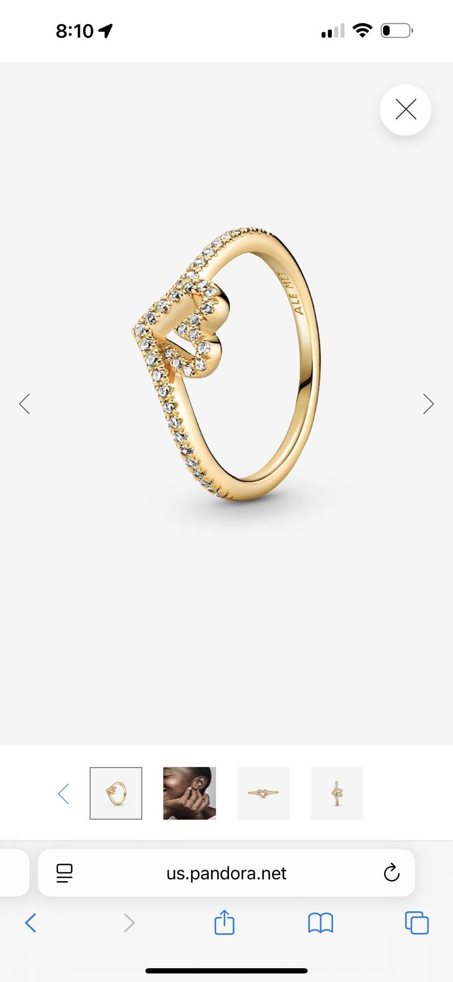 USED Pandora Timeless Wish Sparkling Heart Ring 14k gold plating