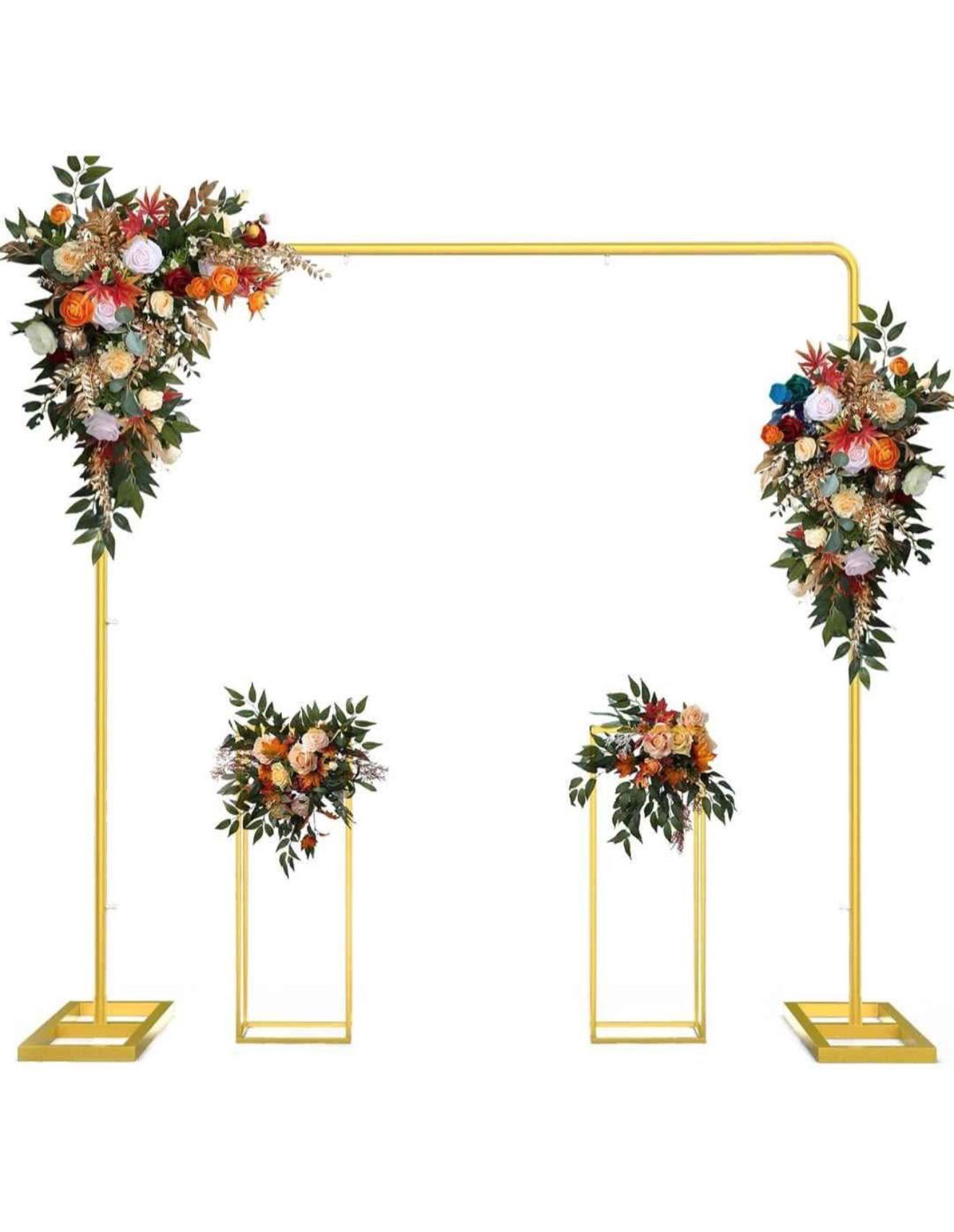 Wedding Arch Backdrop Stand, 7.2FT x 7.2FT Wedding Arches for Ceremony, Gold Balloon Arch Stand with Flower Stand for Wedding, Birthday, Baby Shower,