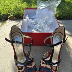 Guess Leopard Print and Red Patent T-Strap Heels