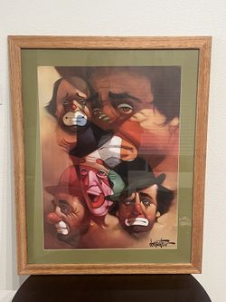 Chuck Oberstein Vintage Clown Painting Print Montage Emmett Kelly Framed Wall Decor Art MOVING SALE