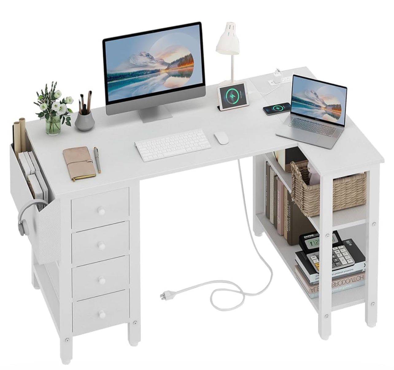 Lufeiya White L Shaped Computer Desk with Drawers & Storage Shelves, 47 Inch Corner Desk with Power Outlet for Home Office Bedroom, L-Shaped Teen PC D