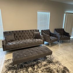 FOR SALE GREY VELVET SOFA WITH 2 CHAIRS/ OTTOMAN/ RUG $1,000  5 Months Old 
