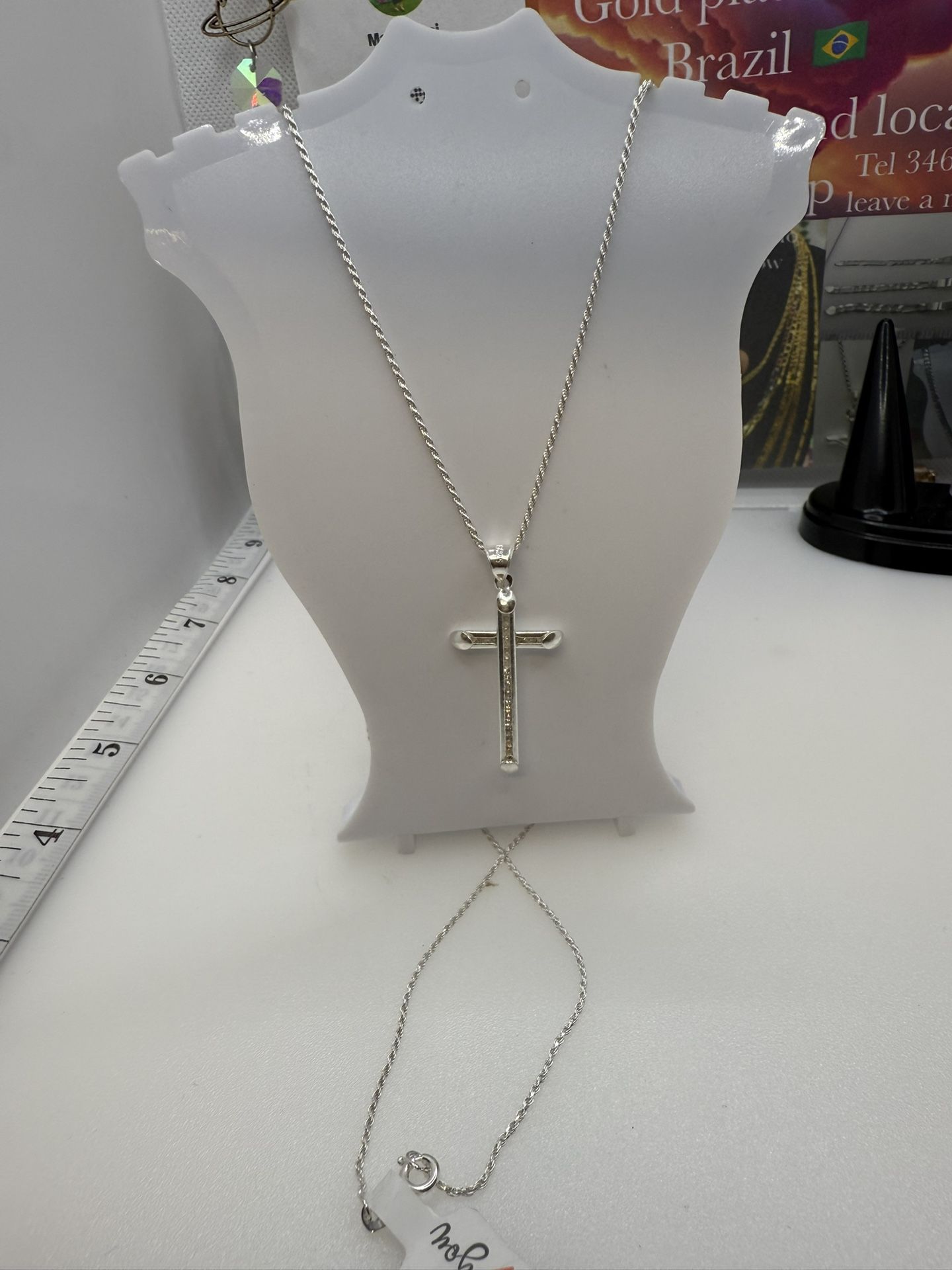 Small Elegant Cross 925 Sterling Silver 24” Cadena Y Dije De Plata