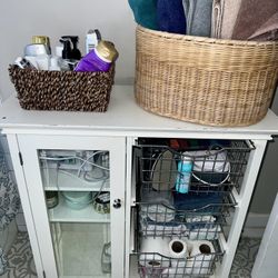 White Wooden Storage Cabinet with 3 Shelves & 3 metal baskets