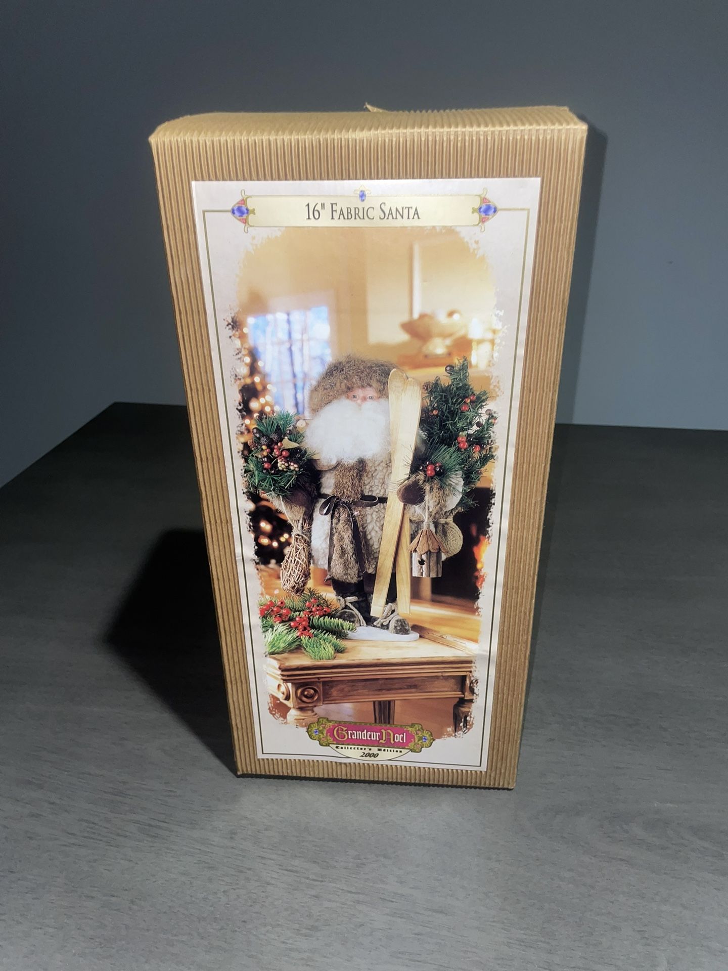 VTG Grandeur Noel 16” Fabric Santa 2000 Collectors Edition Skis Christmas w/ Box