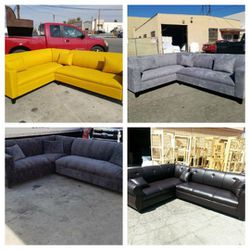 NEW 7X9FT SECTIONAL COUCHES, PAULINE MUSTARD, GIBSON GREY, GIBSON DARK GREY AND  BROWN LEATHER 