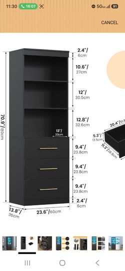 Black Tall Bookcase with 3 Drawers