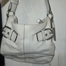 Coach Soho Slim bag (style #1452) in white leather with silver-tone buckles. 