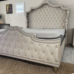 California King size Bed - Beige Velvet w/ Crystal-like Button Tufting