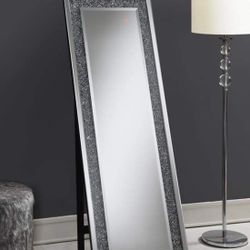 Rectangular Standing Mirror with LED Lighting Silver Crystal Accents - Home Decor