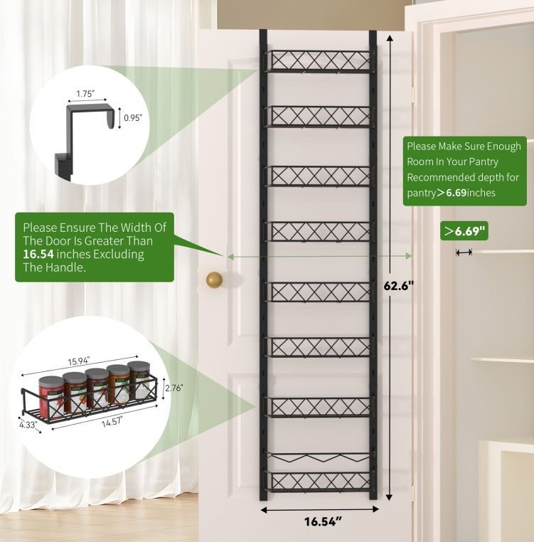 8-Tier Over the Door Pantry Organizer, Adjustable Metal Spice Rack with Removable Baskets, Black