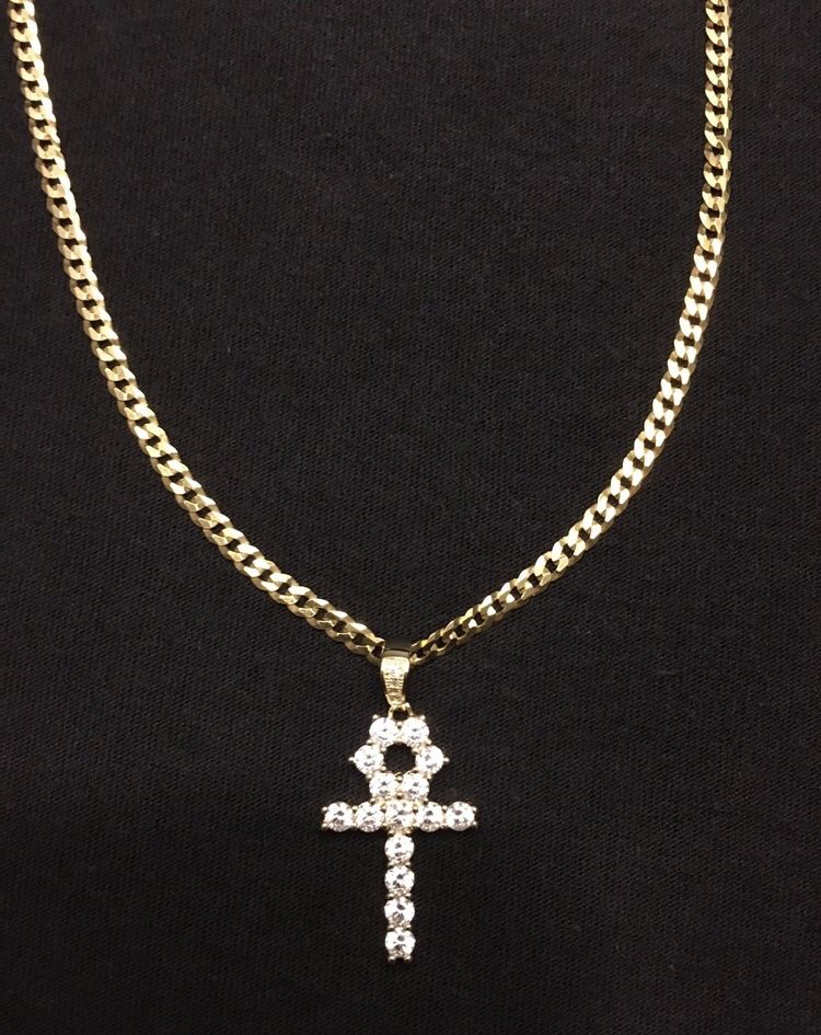 Gold Chain Cuban 20in 4mm And Gold Ankh Cross Pendant Set 