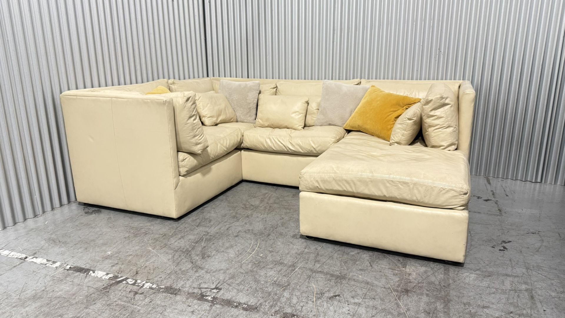 Genuine leather sectional U Shaped sofa couch chaise Beige Cream
