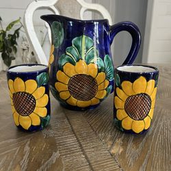 🌻 💙  Talavera Sunflower Pitcher Set w/ 2 Cups – Hand-Painted